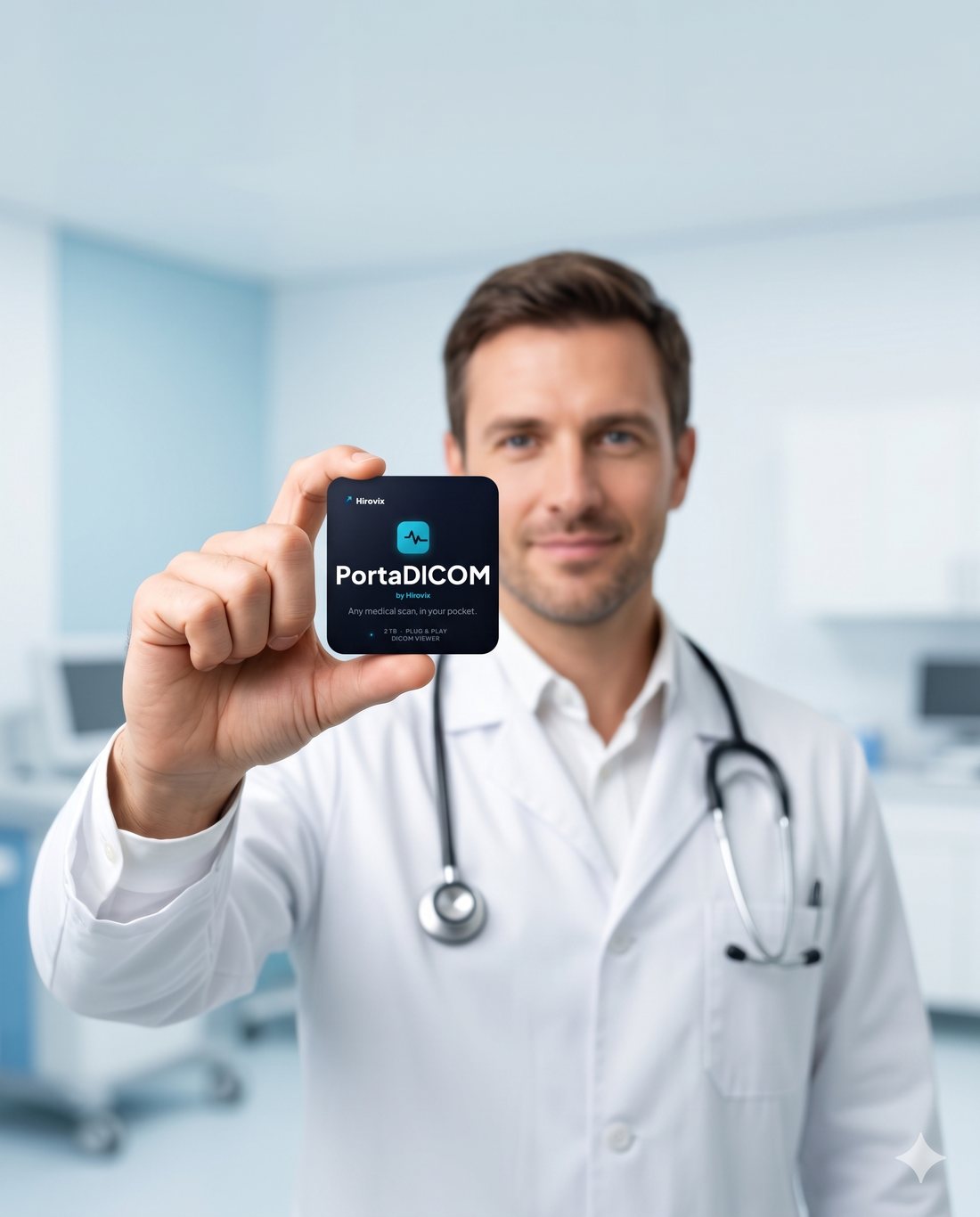 A doctor holding the PortaDICOM 2 TB SSD in a clinic